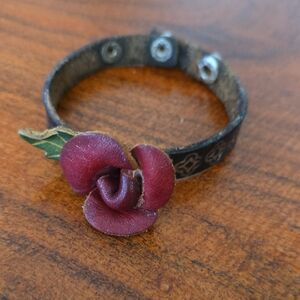 Vintage-Inspired Leather Bracelet with Burgundy Rose